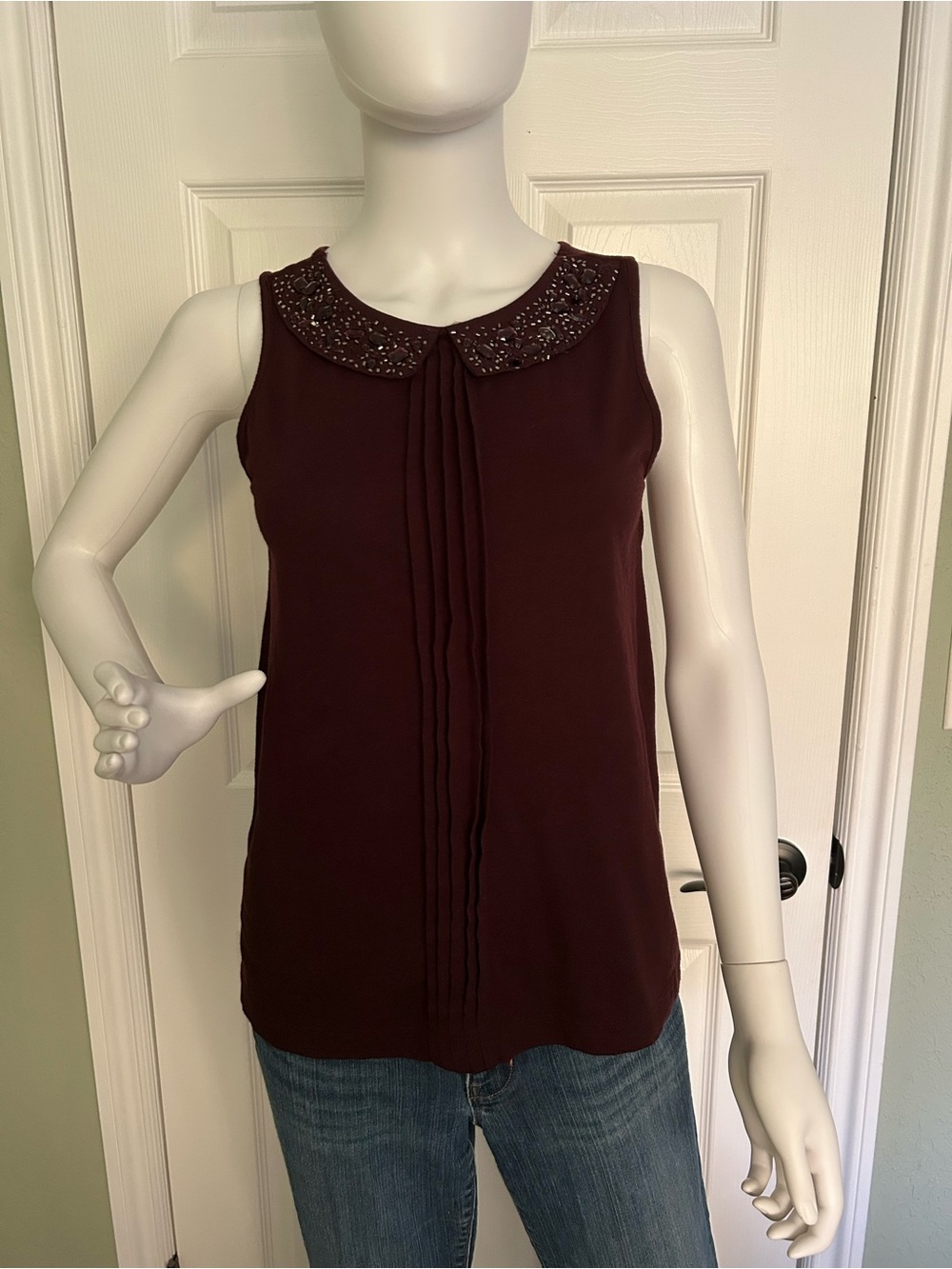 LOFT Sleeveless Beaded Peter Pan Collar Top - Plum